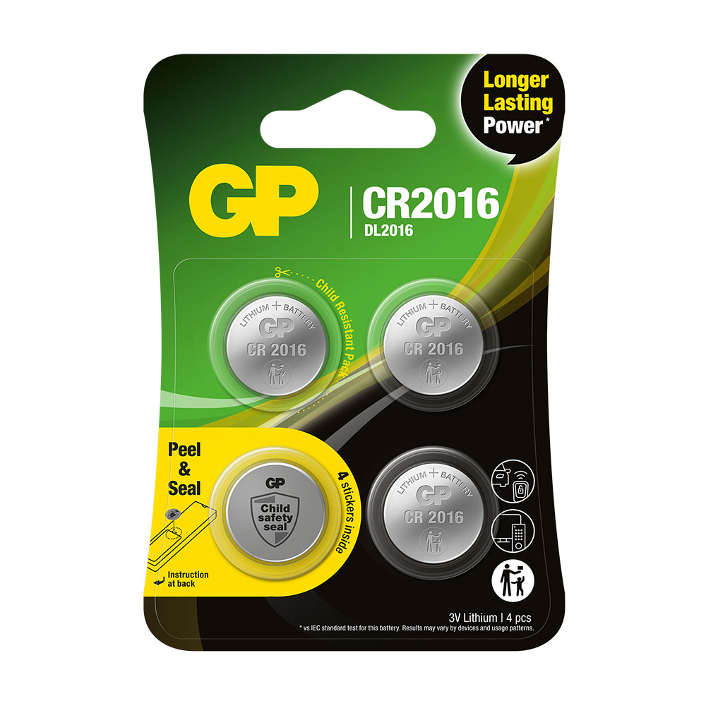 Knappcellbatteri GP Litium Safety-seal CR2016 3V 4st/fp