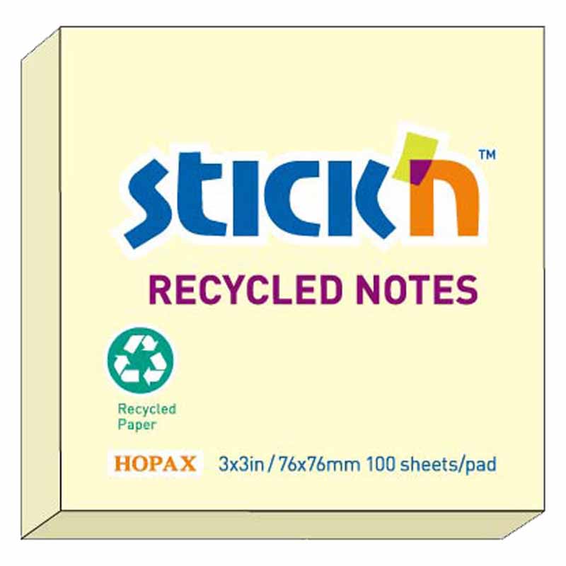 Notisblock Stick'n Recycled Notes 76x76mm Gul 100blad/block