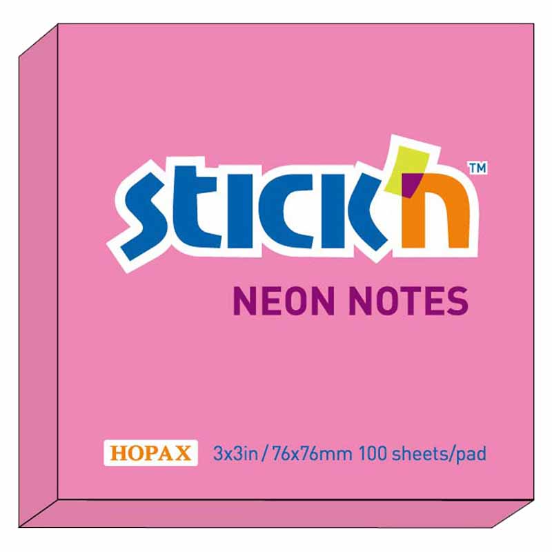 Notisblock Stick'n Neon Notes 76x76mm Neon Rosa 100 blad/block
