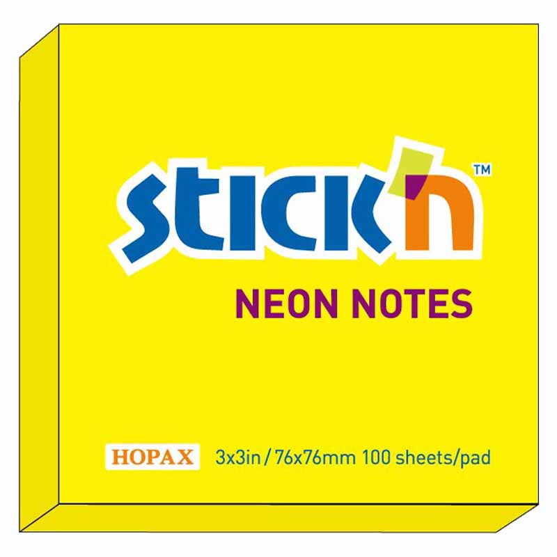 Notisblock Stick'n Neon Notes 76x76mm Neon Gul 100 blad/block