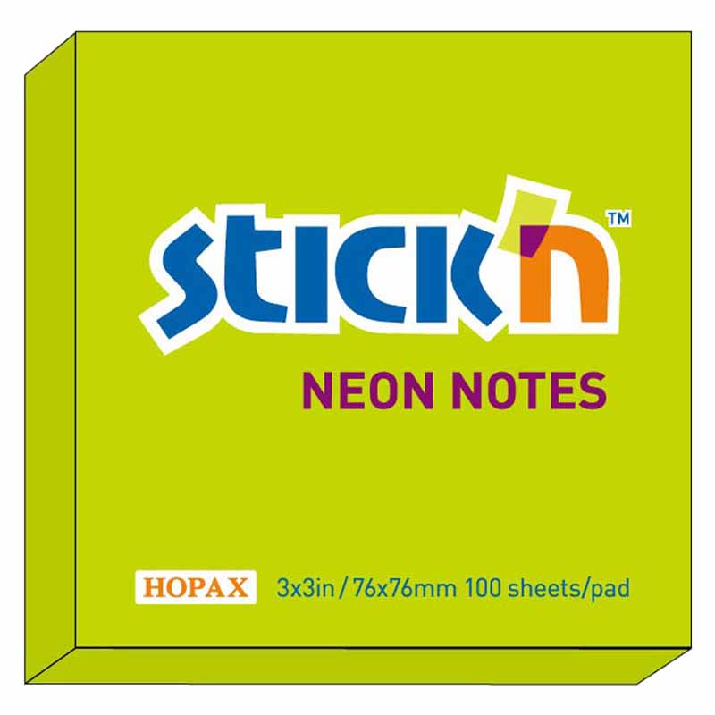 Notisblock Stick'n Neon Notes 76x76mm Neon Grön 100 blad/block