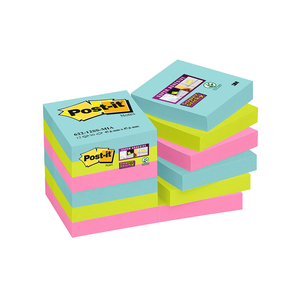 Notisblock Post-It Notes Super Sticky 47,6x47,6mm Miami 12st/fp