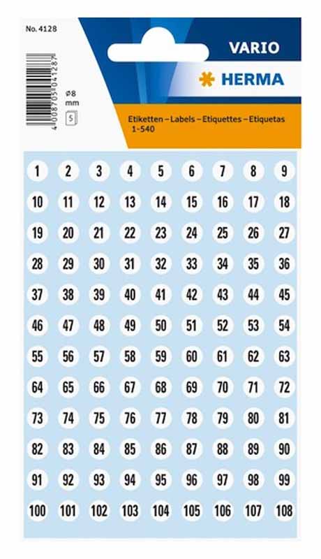 Etikett Herma 4128 Ø 8mm Vit Siffror 1-540 10st/fp