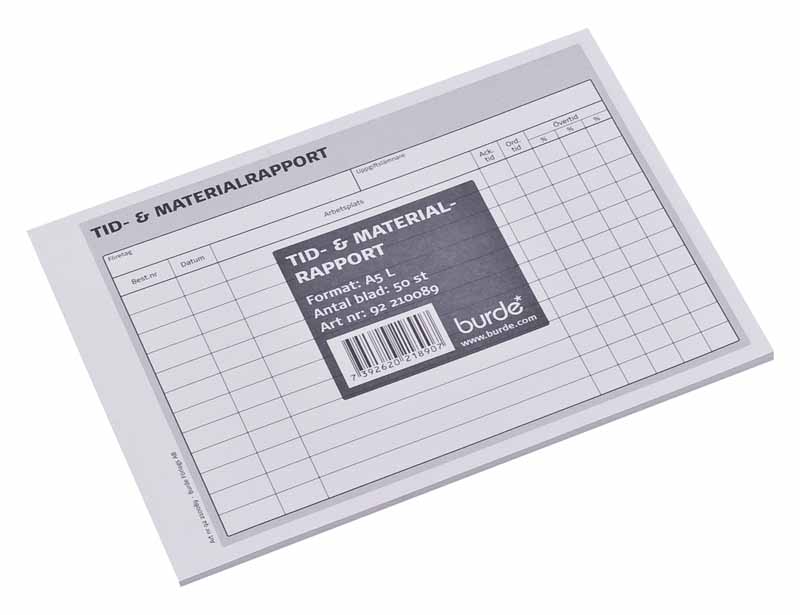 Tid- och materialrapport Burde A5L 50 Blad Tryck på 2 sidor