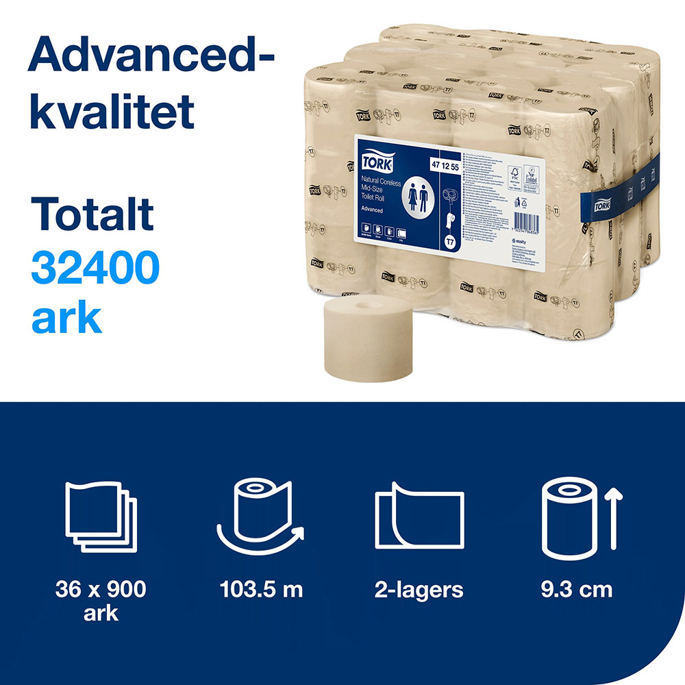 Toalettpapper Tork Mid-size T7 utan hylsa Advanced 2-lags Natur 103,5m 36rl/fp