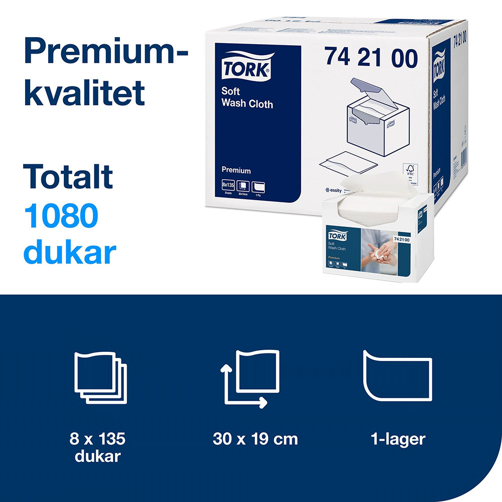 Tvättlapp Tork Mjuk Premium 1-lags 19x30cm Vit Dekor 1080st/krt