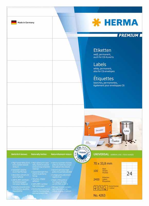 Etikett Herma Premium 4263 70x33,8mm Vit 2400st/fp